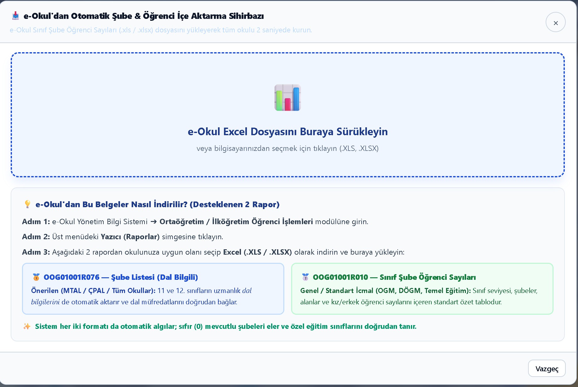 e-Okul içe aktarma sihirbazı